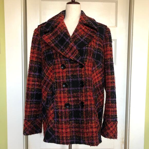 Vintage Moda International Wool Blend Pea Coat XL Boucle Texture Red Purple Y2K - Picture 1 of 10